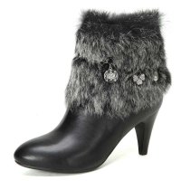 CAMEL/骆驼 女靴 头层牛皮天然兔毛高跟6寸短筒 女皮靴40413