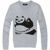 VaLS男装新品毛衫功夫熊猫个性V领套头毛衫060200035（浅灰色/XXL）