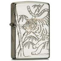ZIPPO打火机SC1301 四面加工竹林猛虎 镀铬拉丝39940