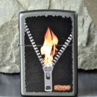 Zippo打火机 火舌拉链黑哑漆射印打火机28309