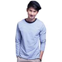 诠渡良品男装时尚休闲细条纹长袖t恤81508（藏蓝/M）