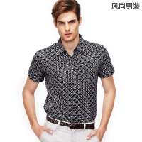 VANCL凡客诚品 温莎风情花纹丝光针织短袖衬衫 黑底蓝花 M