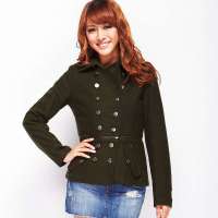 VANCL凡客诚品 Fay帅气翻领双排扣拉链拼接毛呢外套 橄榄绿色 M