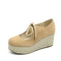 Teenmix 天美意2012秋季反毛皮麻编系带厚底松糕鞋驼色6BT04D 35