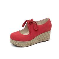 Teenmix 天美意2012秋季反毛皮麻编系带厚底松糕鞋红色6BT04D 35