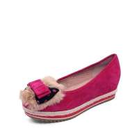 Teenmix 天美意2012年秋季酒红色羊绒皮/米色兔毛羊皮女皮鞋AF281D 36