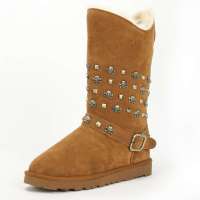 SELFTREND涉趣欧美潮流骷髅头铆钉金属装饰带中筒雪地靴女式女鞋W14676栗色37码