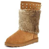 SELFTREND涉趣华丽兔毛铆钉简约气质百搭中筒雪地靴女式W14680栗色37码