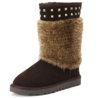 SELFTREND涉趣华丽兔毛铆钉简约气质百搭中筒雪地靴女式W14680巧克力色35码