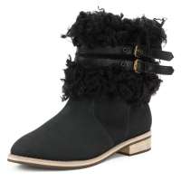 SELFTREND涉趣秋冬新品女靴子皮带平底尖头短靴子女W14037黑色37码