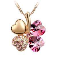 艾瑞卡  幸福四叶草水晶项链 玫瑰花朵吊坠 金色+玫红