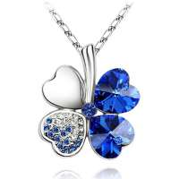 艾瑞卡  幸福四叶草水晶项链 玫瑰花朵吊坠 银色+蓝