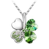 艾瑞卡  幸福四叶草水晶项链 玫瑰花朵吊坠 银色+橄榄