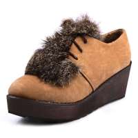 Caerphilly卡芙琳真兔毛松糕厚底坡跟秋季短靴女靴CL1159 驼色36