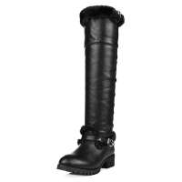 Caerphilly卡芙琳毛边圆头中跟高筒靴军靴女靴子女式鞋CL231-6 黑色36