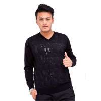 鄂尔多斯奥群12新款亮片装饰v领时尚休闲男款羊毛长袖T恤203446黑色100