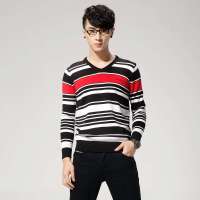 唐狮 男V领细条纹线衫11141104310310103(本白S)