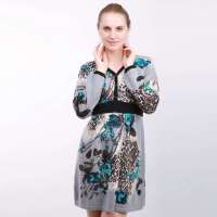 海尔曼斯女式提花长袖中长羊绒衫B979D71提花蓝L