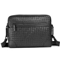 CROCODILE(鳄鱼恤)头层牛皮编织格子设计单肩斜跨男士公文包11211001 黑色