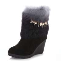 皮尔世绅2012新品兔毛磨砂牛皮中筒坡跟雪地靴AA921003,黑色,35码