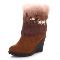 皮尔世绅2012新品兔毛磨砂牛皮中筒坡跟雪地靴AA921003,驼色,40码