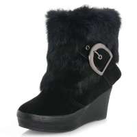 皮尔世绅2012新品兔毛磨砂牛皮蝴蝶绒内里坡跟皮草雪地靴A926907,黑色,38码