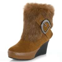 皮尔世绅2012新品兔毛磨砂牛皮蝴蝶绒内里坡跟皮草雪地靴A926907,驼色,38码
