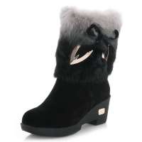 皮尔世绅2012新品兔毛磨砂牛皮蝴蝶绒内里坡跟雪地靴AA922150,黑色,35码