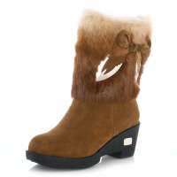 皮尔世绅2012新品兔毛磨砂牛皮蝴蝶绒内里坡跟雪地靴AA922150，棕色，36码