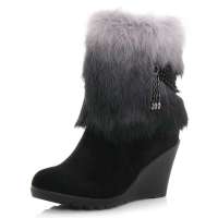 皮尔世绅2012新品磨砂牛皮兔毛橡胶底坡跟皮草靴AA920503,黑色,40码