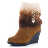 皮尔世绅2012新品磨砂牛皮兔毛橡胶底坡跟皮草靴AA920503,驼色,39码