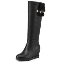 红蜻蜓奢华皮革亮丽金属鞋扣高筒坡跟女靴WFC22251,黑色,39码