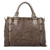 柏雅图秋冬新款皮草牛皮兔毛斜挎手提包66209卡其色