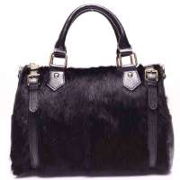 柏雅图秋冬新款皮草牛皮兔毛斜挎手提包66209黑色