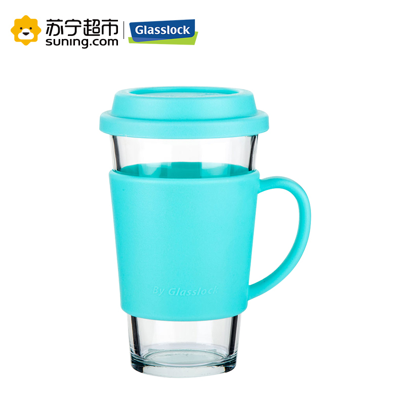 [苏宁超市]三光云彩Glasslock带盖钢化耐热玻璃水杯泡茶杯带把手 含隔热套500天空蓝