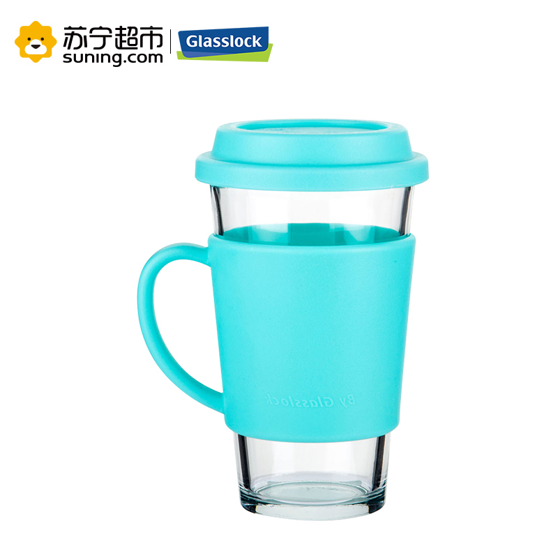 [苏宁超市]三光云彩Glasslock带盖钢化耐热玻璃水杯泡茶杯带把手 含隔热套500天空蓝