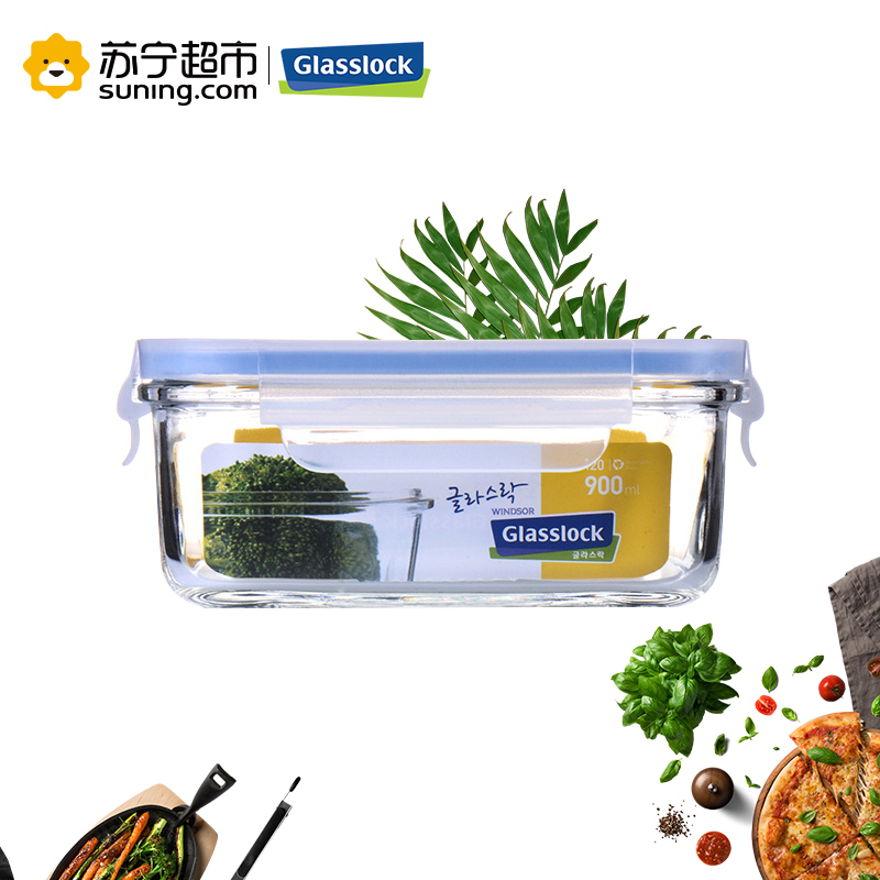 [苏宁超市]耐热玻璃饭盒微波炉专用原装进口glasslock保鲜盒收纳盒MCSB-090(RP522) 900ML