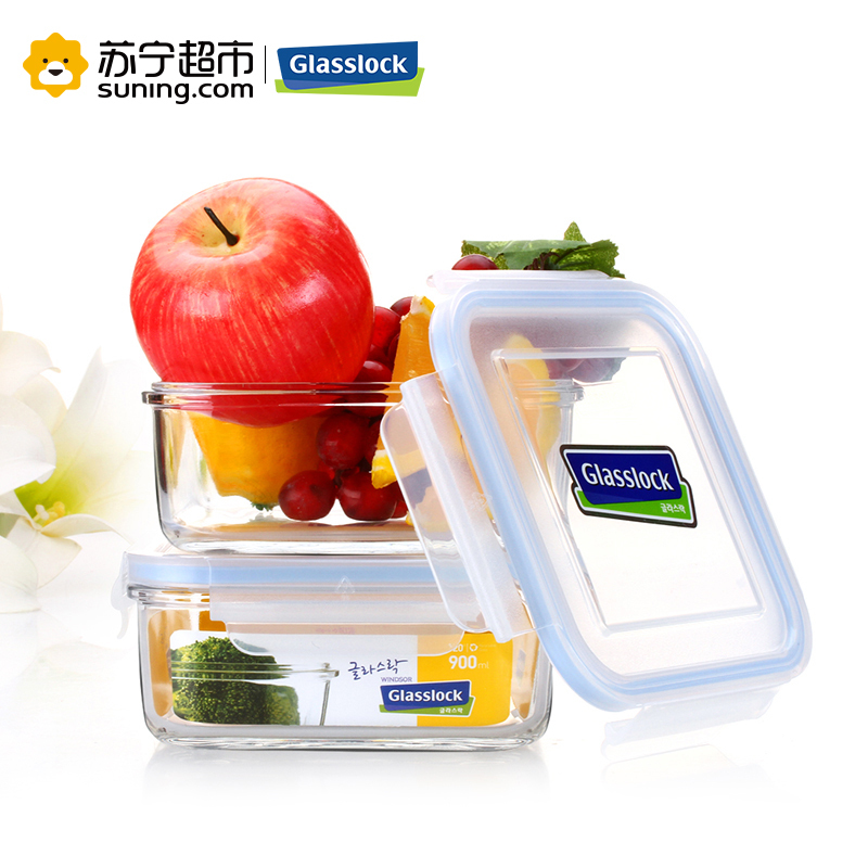 [苏宁超市]耐热玻璃饭盒微波炉专用原装进口glasslock保鲜盒收纳盒MCSB-090(RP522) 900ML