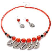 千美物语 复古中国风 天然红玛瑙项链耳饰套装 羽毛