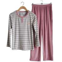 红豆居家秋冬休闲套装天鹅绒色织条纹情侣家庭家居服套装粉色(175/96)1j602