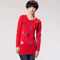 唐狮 女圆领绣五角星长款线衫11142104310241605(大红L)