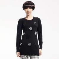 唐狮 女圆领绣五角星长款线衫11142104310290103(黑色S)