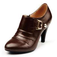 红蜻蜓韩版真皮女单鞋时尚休闲高跟尖头鞋WNB26332 深棕色 36码