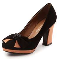 红蜻蜓冬时尚反绒蝴蝶结真皮女单鞋秋冬时尚反绒蝴蝶结防水台女鞋WFB26212 黑/黄 39码