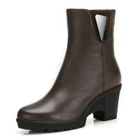 CAMEL 骆驼头层牛皮女中筒靴81058604,咖啡,36