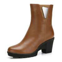 CAMEL 骆驼头层牛皮女中筒靴81058604,土黄,37
