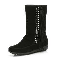 CAMEL 骆驼中筒靴烫钻流苏雪地靴81053605,黑色,38