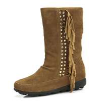 CAMEL 骆驼中筒靴烫钻流苏雪地靴81053605,土黄,34