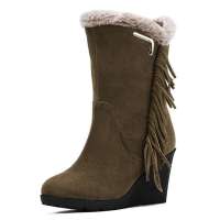 CAMEL 骆驼坡跟真皮流苏中筒雪地靴820-5，卡其，40