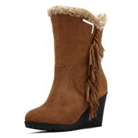 CAMEL 骆驼坡跟真皮流苏中筒雪地靴820-5，驼色，38